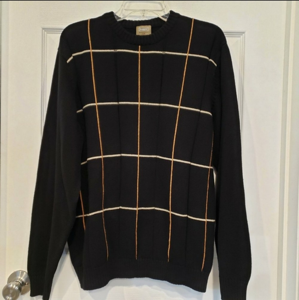 90s Men's Large Black Windowpane Grid Crewneck Pullover Sweater Cotton Preppy
